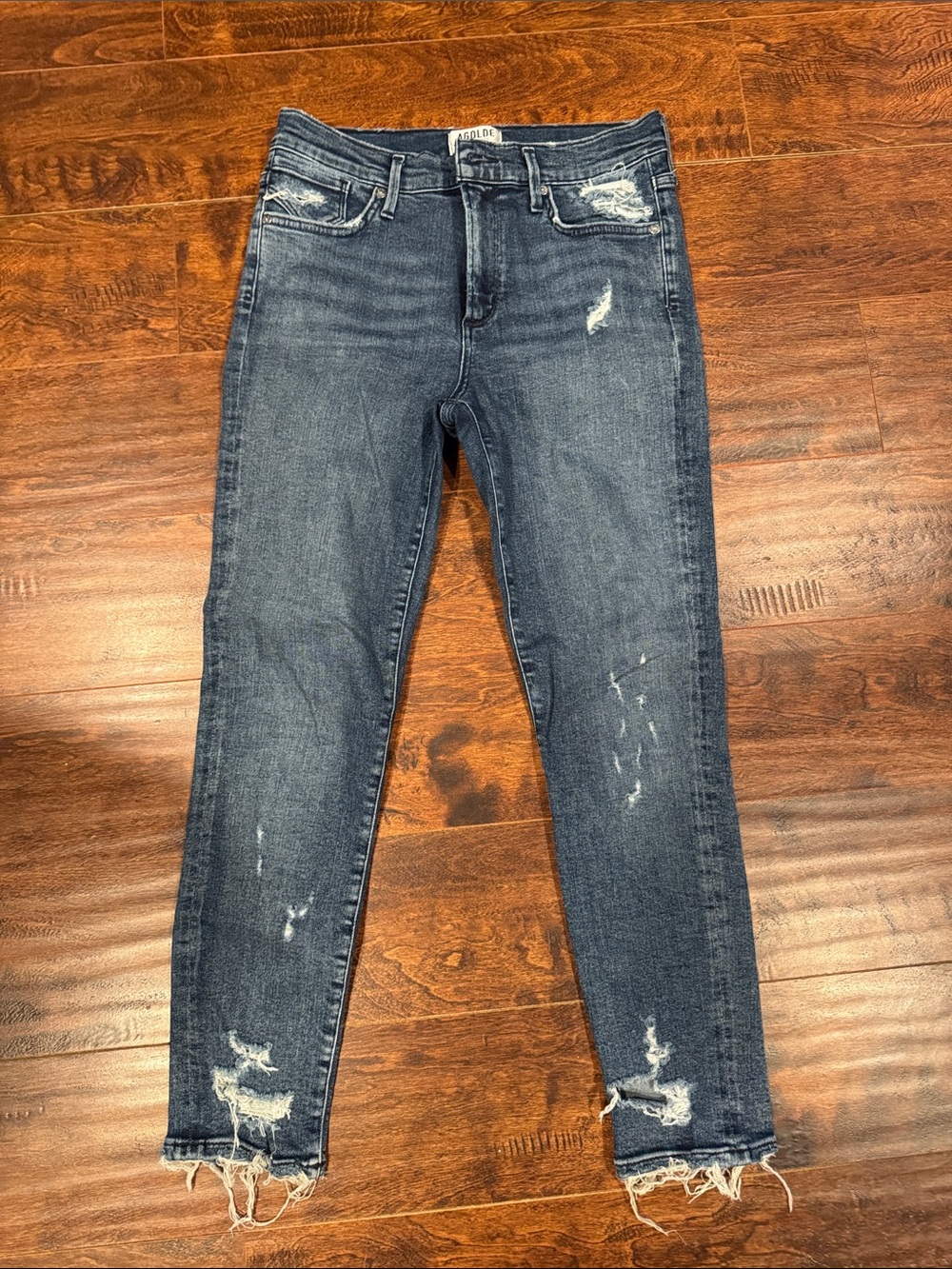 Agolde Distressed Dark Blue High-Rise Skinny Jeans